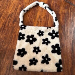 Floral Black and White Faux Fur Shoulder Bag